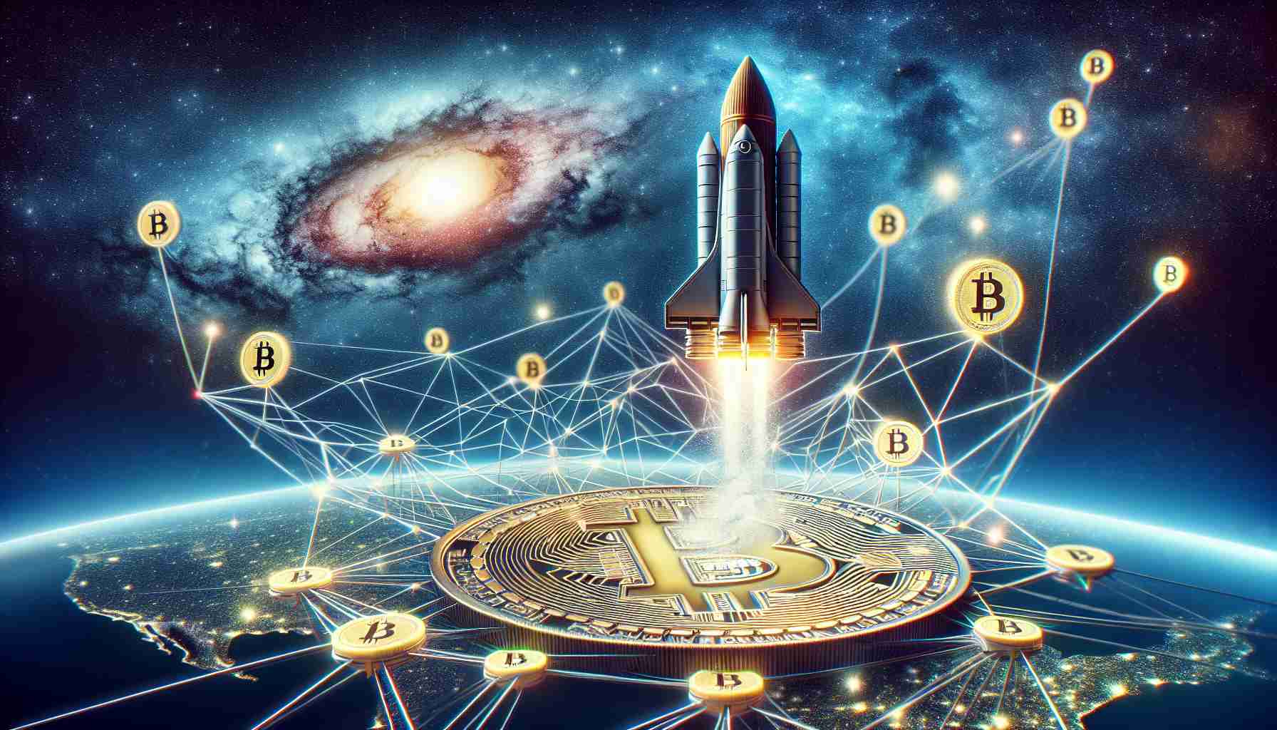 Elaborate and high-definition image of the symbolic launch event of a hypothetical ambitious scaling project for a well-known digital currency, represented metaphorically, such as a massive rocket preparing to ascend towards the starry night sky, with implied connections to Bitcoin.