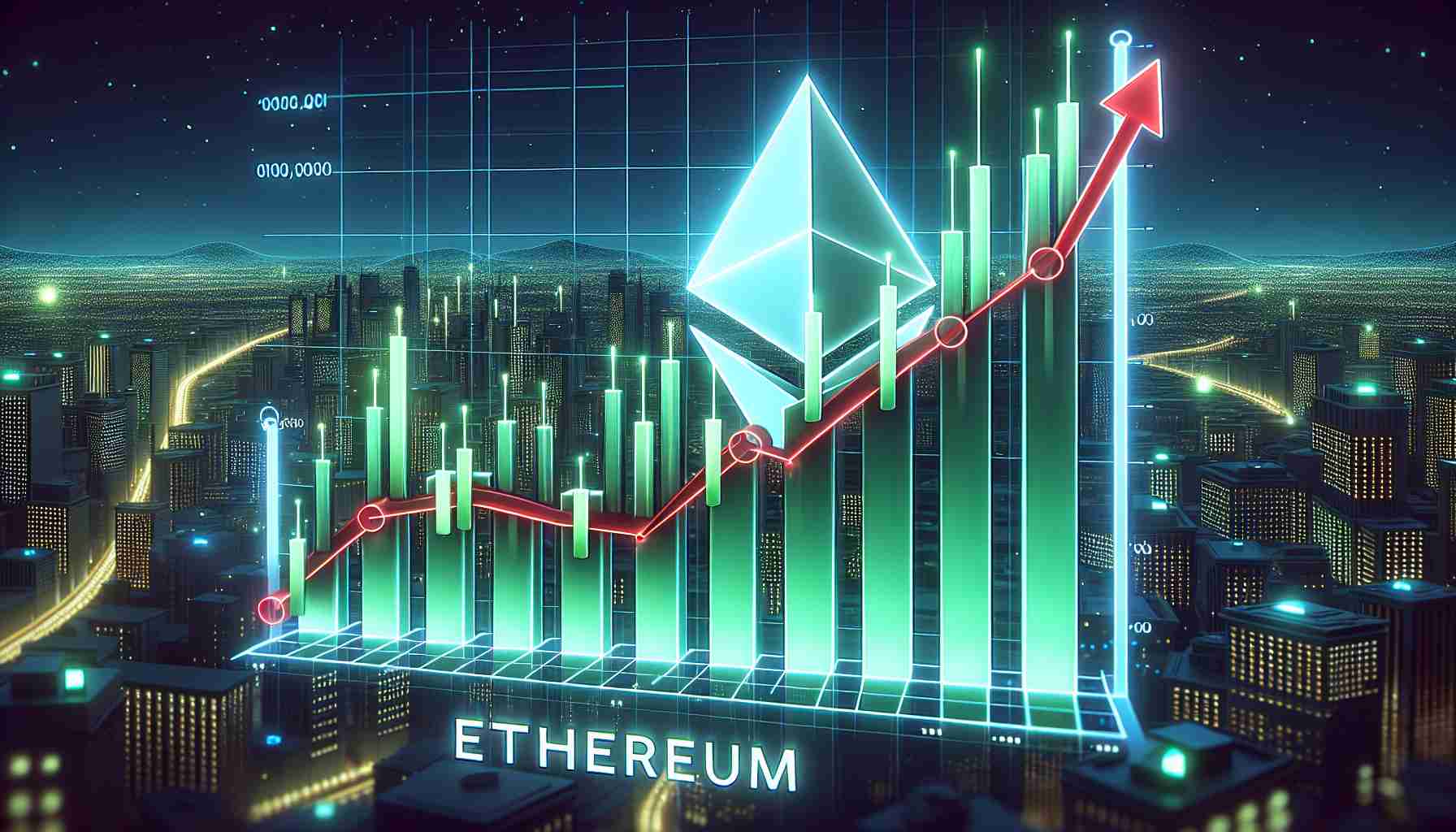 Illustration of a graph chart positioned upward, representing the market position of Ethereum that is prediction an uptrend. The chart is filled with realistic green and red bars, indicating raise and fall respectively, with candles that are common in stock market graphs. The graph is superimposed on a high-definition cityscape at night, with glowing skyscrapers symbolizing financial districts. The word 'Ethereum' is labeled at the bottom of the graph in crisp, white letters and the surroundings represent a virtual space hinting at the digital nature of cryptocurrencies.