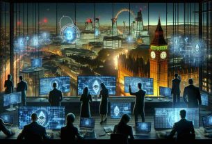 Scene of a realistic and modern metropolis, portraying a digital crime investigation in progress. The city resembles London at night, with iconic architectural landmarks such as Big Ben and the London Eye subtly present in the background. In the foreground, there's a darkened office tower emitting an ominous glow, with digital forensic analysts of mixed gender and various descents engaged in action, pointing at pulsating screens displaying complex mathematical algorithms. On the screens, ethereal symbols representing cryptocurrency, specifically Ether, are visible. The tension in the room suggests millions are at stake.