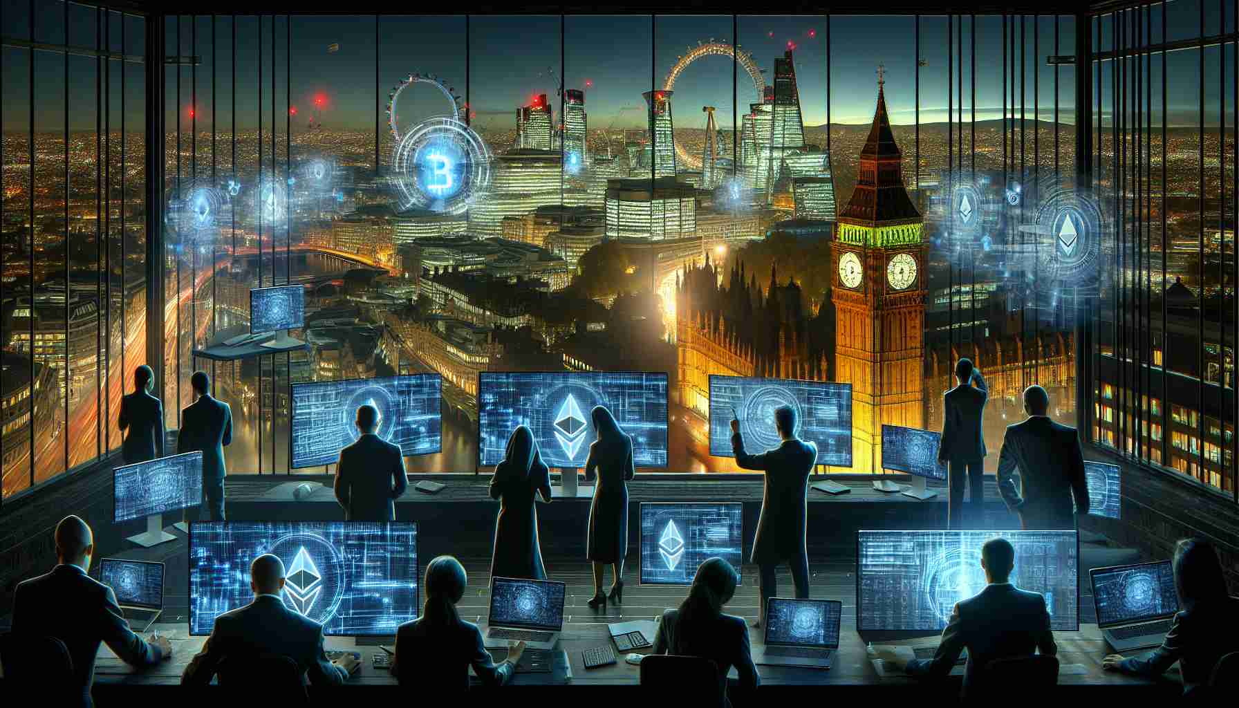 Scene of a realistic and modern metropolis, portraying a digital crime investigation in progress. The city resembles London at night, with iconic architectural landmarks such as Big Ben and the London Eye subtly present in the background. In the foreground, there's a darkened office tower emitting an ominous glow, with digital forensic analysts of mixed gender and various descents engaged in action, pointing at pulsating screens displaying complex mathematical algorithms. On the screens, ethereal symbols representing cryptocurrency, specifically Ether, are visible. The tension in the room suggests millions are at stake.