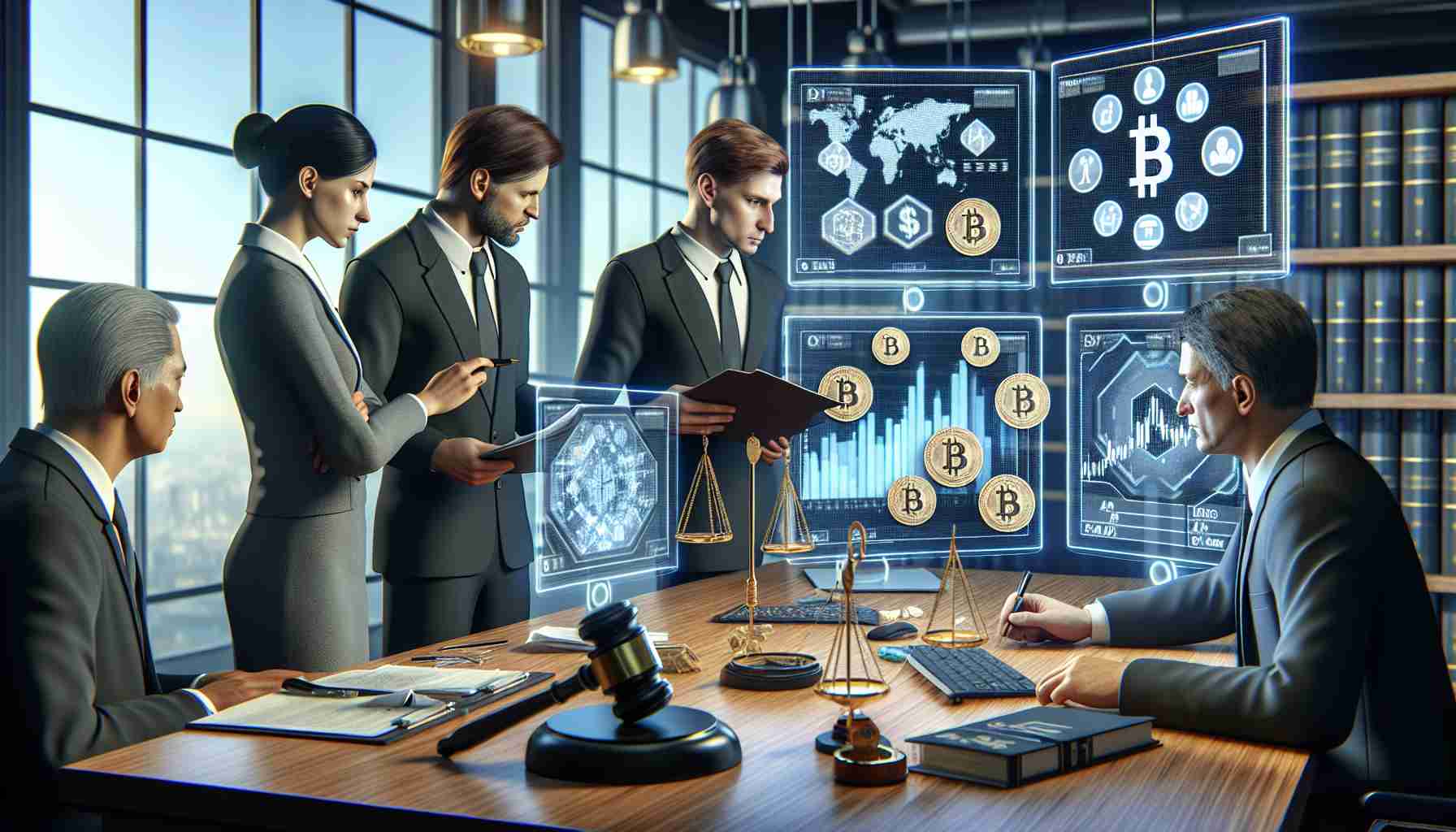 Realistic high definition image depicting a scene related to tax evasion in the sphere of cryptocurrency in Malaysia. Show an office with officials, including a Caucasian female leader and a Middle-Eastern male investigator, examining digital screens displaying graphs and charts related to cryptocurrency transactions. Be sure to include symbolism indicating adherence to laws, like a gavel or legal textbooks.