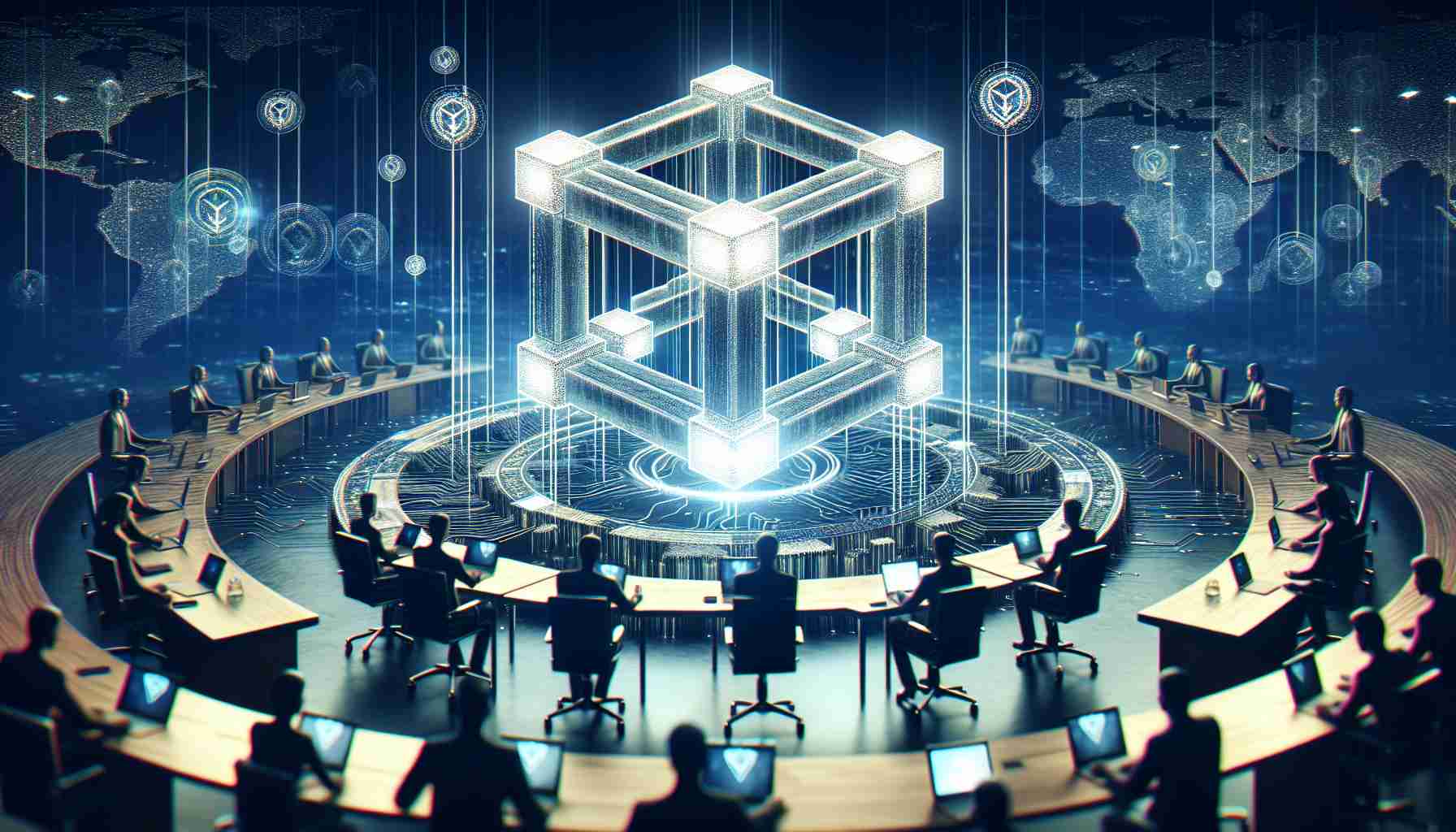 Generate an image of a conceptual, high-definition scene depicting the unveiling of a groundbreaking project named 'Tezos X'. The project, designed for Blockchain enhancement, consists of advanced, interconnected systems and structures symbolising blockchain technology. Represent the ambitious nature of the project and potential advancements in the blockchain sector.