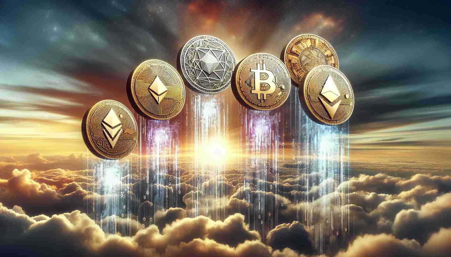 Generate a highly detailed and realistic image in high definition showcasing four alternative cryptocurrency coins, each soaring high up in the sky, symbolizing that they're expected to reach peak values. Each coin should be distinct and representative of a different cryptocurrency project, with corresponding logos on them. The background should be a dramatic sky with a mix of light and dark clouds, indicating the volatile nature of cryptocurrency investments.