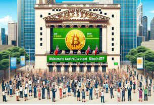 A high-definition, realistic illustration of the scene where Australia celebrates the launch of its first Spot Bitcoin ETF on the Australian Securities Exchange (ASX). The image should depict the exterior view of the ASX building with visible signage displaying 'Welcome to Australia's First Spot Bitcoin ETF'. There should be jubilant crowd of people of various descents and genders, some holding up signage or banners related to Bitcoin ETF. The backdrop should have the iconic cityscape of Sydney.