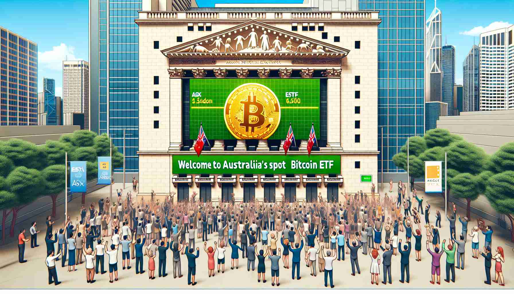 A high-definition, realistic illustration of the scene where Australia celebrates the launch of its first Spot Bitcoin ETF on the Australian Securities Exchange (ASX). The image should depict the exterior view of the ASX building with visible signage displaying 'Welcome to Australia's First Spot Bitcoin ETF'. There should be jubilant crowd of people of various descents and genders, some holding up signage or banners related to Bitcoin ETF. The backdrop should have the iconic cityscape of Sydney.