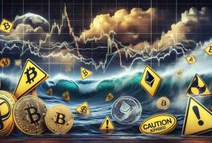 Create a high-definition, realistic image that illustrates the concept of 'Caution Advised for Altcoin Investors Amid Market Instability'. This might include visual elements such as a financial chart showing volatility, cryptocurrency logos like Bitcoin and Ethereum in a unstable position, a metaphorical stormy weather backdrop to represent market instability, and 'caution' signs to signify the advised caution.