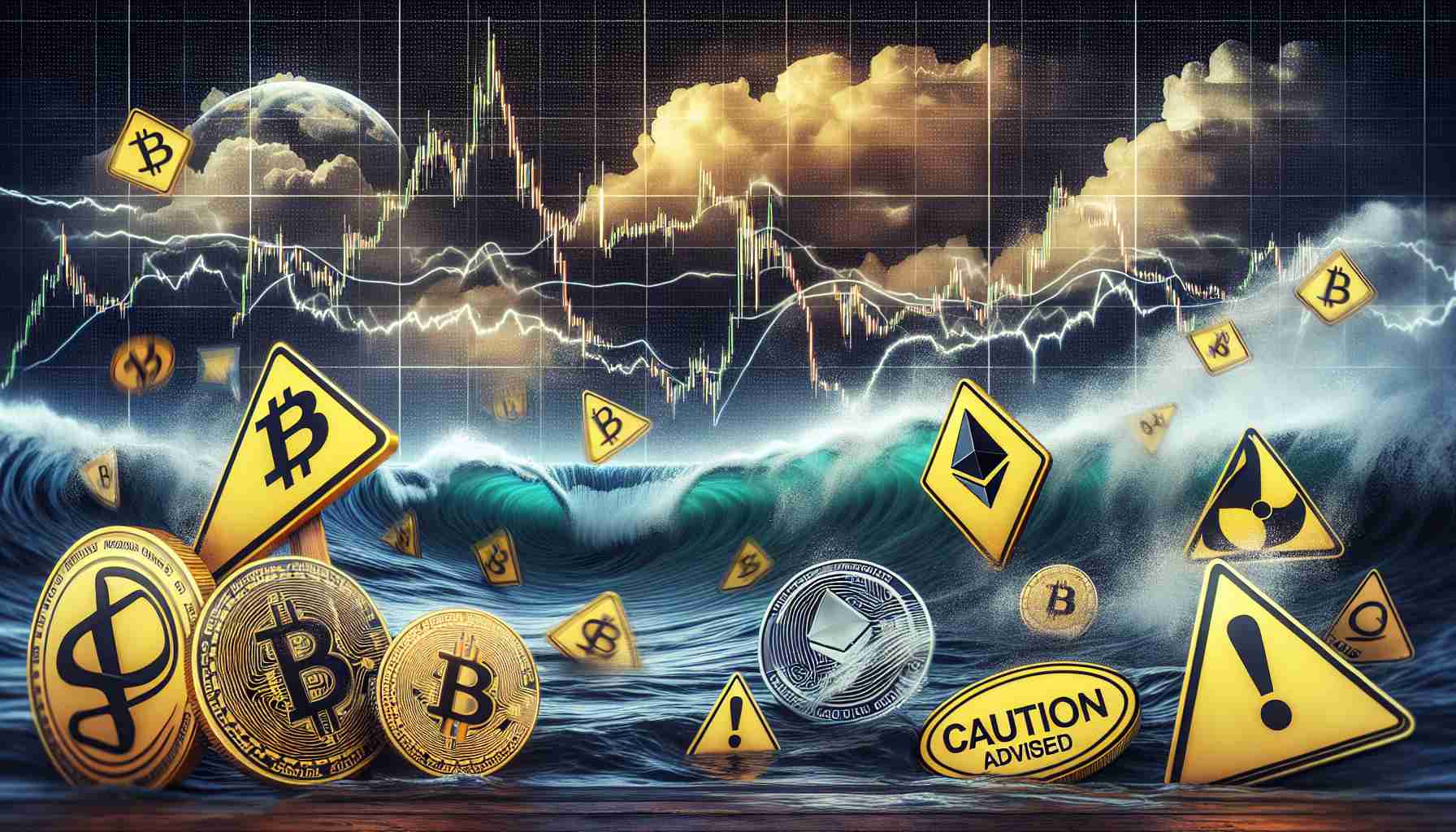 Create a high-definition, realistic image that illustrates the concept of 'Caution Advised for Altcoin Investors Amid Market Instability'. This might include visual elements such as a financial chart showing volatility, cryptocurrency logos like Bitcoin and Ethereum in a unstable position, a metaphorical stormy weather backdrop to represent market instability, and 'caution' signs to signify the advised caution.