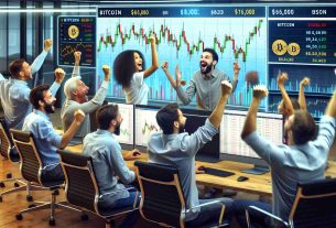 A high-definition, realistic image portraying enthusiasm among a diverse group of cryptocurrency traders. They're sitting in a modern trading office, looking at computer screens displaying various charts and graphs. The main screen shows the price of Bitcoin dipping below $66,000, but instead of anxiety, the traders show signs of excitement and hopeful anticipation.