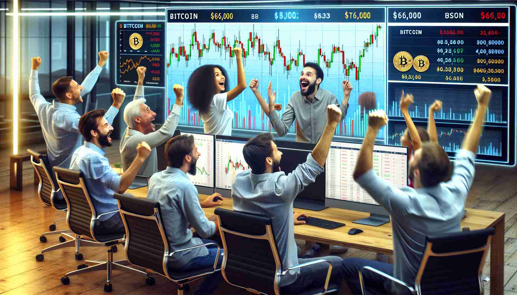 A high-definition, realistic image portraying enthusiasm among a diverse group of cryptocurrency traders. They're sitting in a modern trading office, looking at computer screens displaying various charts and graphs. The main screen shows the price of Bitcoin dipping below $66,000, but instead of anxiety, the traders show signs of excitement and hopeful anticipation.