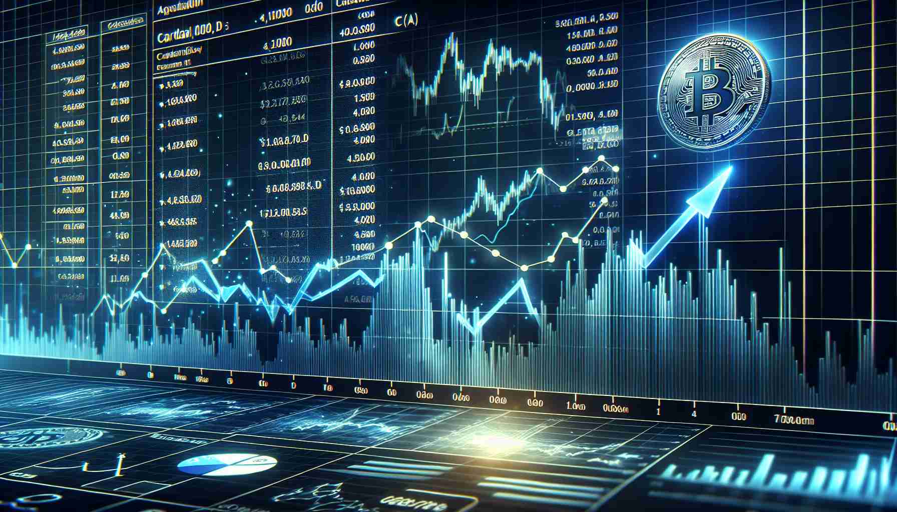 Generate a high-definition, realistic artwork of a graph showing a significant increase in the price of a popular cryptocurrency (Cardano, ADA), accompanied by a surge in the overall transaction volume. The graph should be detailed and visually appealing, showcasing the various statistical aspects of the cryptocurrency like price changes over time and the rise in transaction volume. The backdrop should be a sophisticated trading dashboard aesthetic.