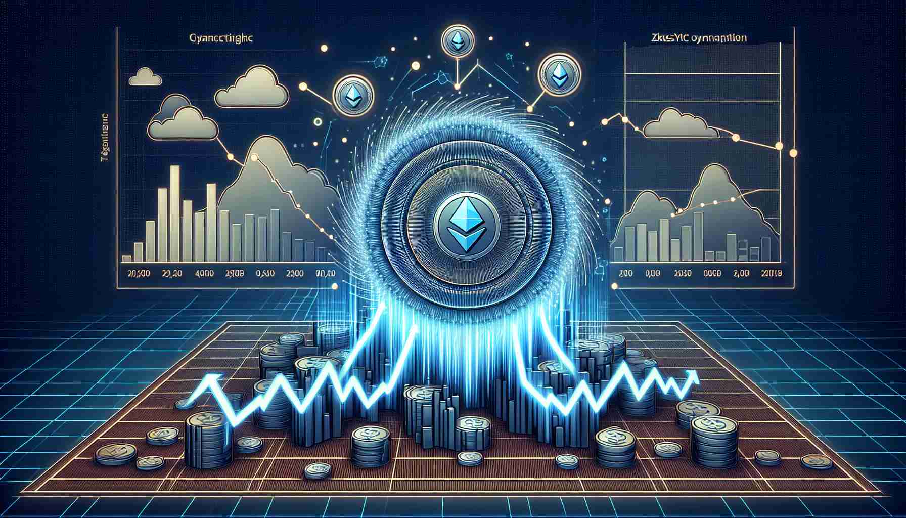 Generate a realistic, high-definition (HD) image depicting the fluctuation in zkSync's valuation following the launch of their token, represented as an infographics with declining graph lines.