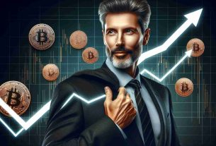 A realistic, high definition image of a businessman exuding interest in Bitcoin, capturing the context of a surging market. The businessman should be middle-aged, Caucasian with short, salt-and-pepper hair, wearing a dark business suit. The backdrop should feature an up-trending line graph to portray the surge in Bitcoin prices.