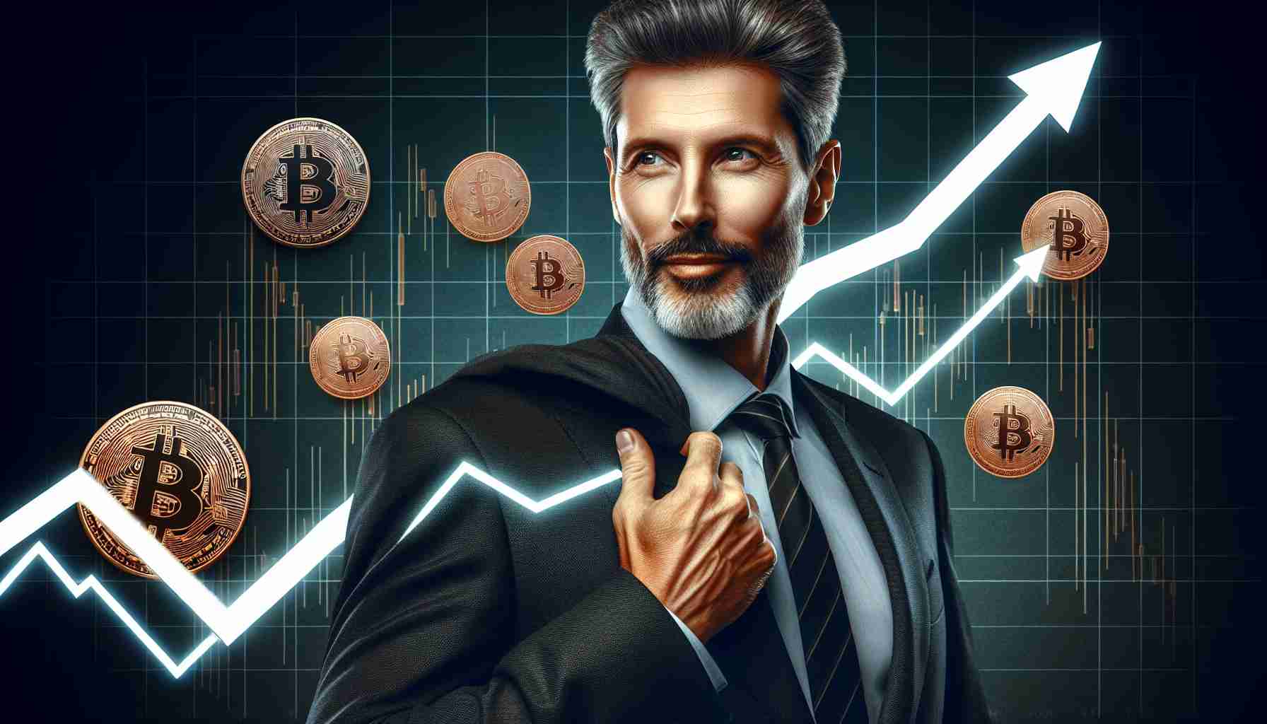 A realistic, high definition image of a businessman exuding interest in Bitcoin, capturing the context of a surging market. The businessman should be middle-aged, Caucasian with short, salt-and-pepper hair, wearing a dark business suit. The backdrop should feature an up-trending line graph to portray the surge in Bitcoin prices.