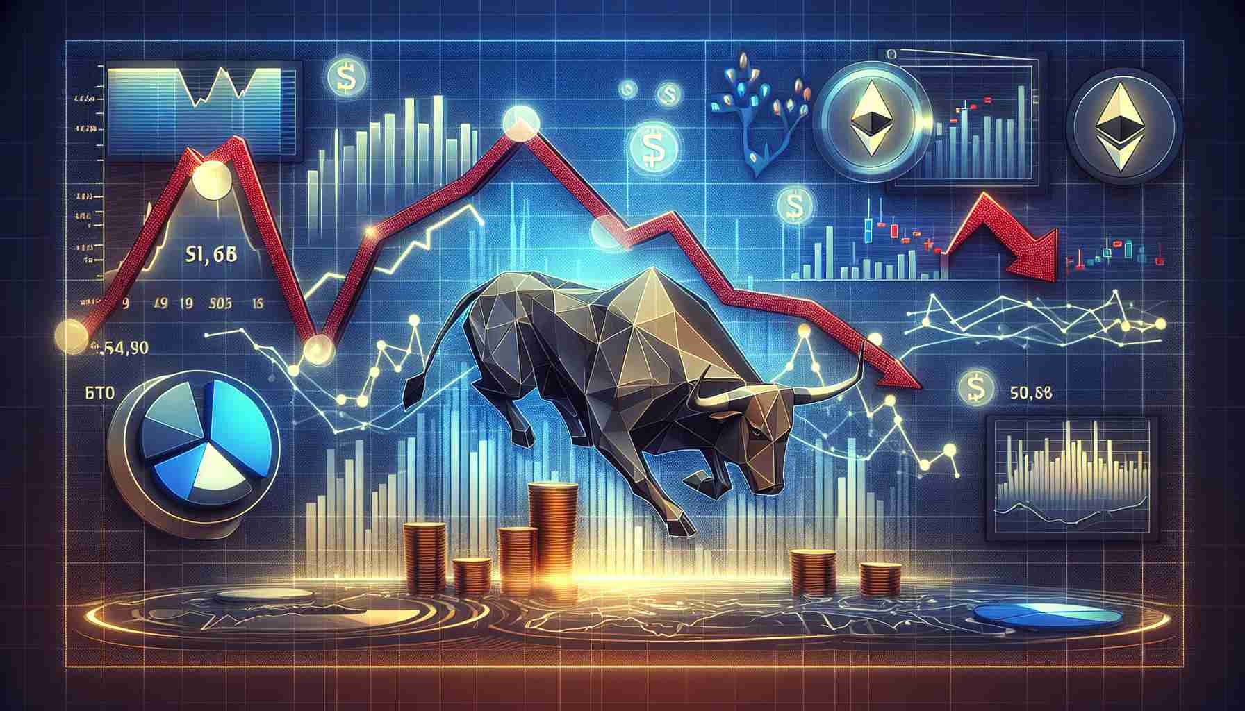 Generate a realistic high-definition image representing a downturn in the price of Ethereum, yet with potential indicators hinting at a possible recovery. This image can include elements like graphs showing downward trends with certain positive economic indicators, infographics, and potentially a bull to symbolize the possible recovery. Please make sure the title 'Ethereum Price Dips Yet Indicators Suggest Potential Recovery' is clearly visible.