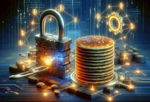 Generate a high-definition, realistic image that depicts an innovative partnership between a decentralized exchange platform, represented as a stack of golden digital pancakes, and a scaling solution provider, represented as an advanced, futuristic lock mechanism. The exchange platform and the scaling solution provider are interconnected, symbolizing their partnership. The setting is abstract and digital, filled with binary codes, glowing connections, and blockchain elements.