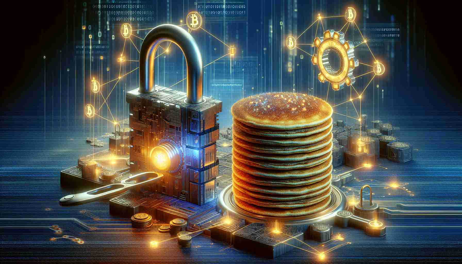 Generate a high-definition, realistic image that depicts an innovative partnership between a decentralized exchange platform, represented as a stack of golden digital pancakes, and a scaling solution provider, represented as an advanced, futuristic lock mechanism. The exchange platform and the scaling solution provider are interconnected, symbolizing their partnership. The setting is abstract and digital, filled with binary codes, glowing connections, and blockchain elements.