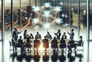 A realistic, high-definition image showing a group of people of diverse descent and genders, possibly lawyers or policy makers, who are gathered around a table. On the table, there's a document labeled 'Blueprint for Crypto Innovation'. They're in a meeting room with a large window looking out onto a bustling cityscape signifying the UK. This group is deeply engrossed in a discussion, examining the blueprint and making notes. Suspended in the air is an abstract, translucent 3D model of a blockchain structure, representing their discussion topic. This scene takes place during the daytime.