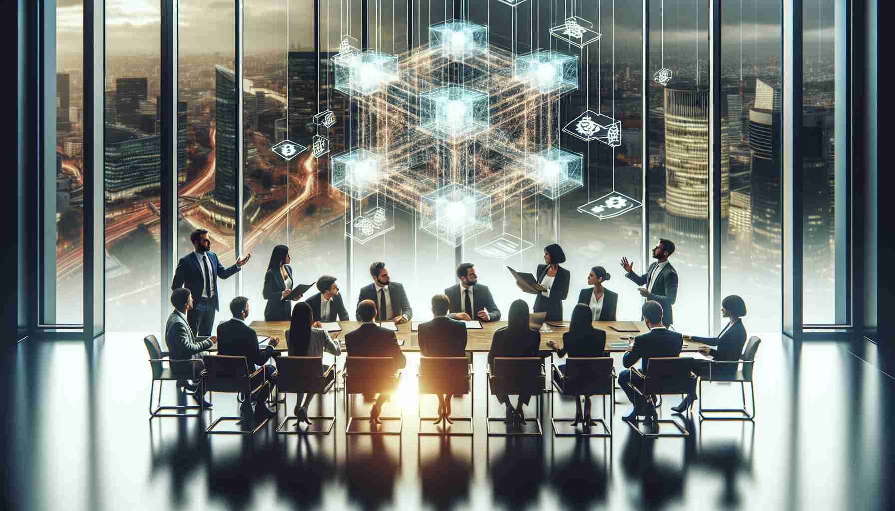 A realistic, high-definition image showing a group of people of diverse descent and genders, possibly lawyers or policy makers, who are gathered around a table. On the table, there's a document labeled 'Blueprint for Crypto Innovation'. They're in a meeting room with a large window looking out onto a bustling cityscape signifying the UK. This group is deeply engrossed in a discussion, examining the blueprint and making notes. Suspended in the air is an abstract, translucent 3D model of a blockchain structure, representing their discussion topic. This scene takes place during the daytime.