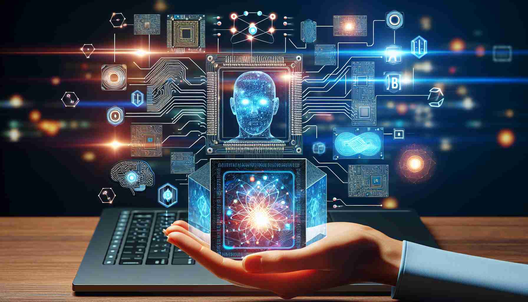 Create a high-definition, realistic image representing the intersection of advanced research in artificial intelligence and quantum technology, with a strong emphasis on innovation within the realm of blockchain technology. The scene should include various symbols or metaphors for these complex ideas such as circuit boards, quantum superposition, binary code, and futuristic AI interfaces.