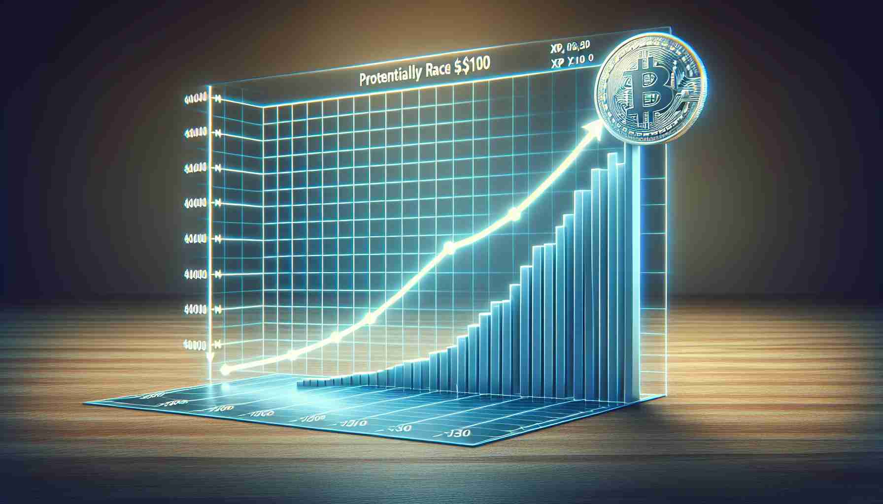 Create a realistic HD image of a graph that illustrates the potential growth trajectory of a hypothetical digital currency named XRP potentially reaching a value of $100. The graph should have a clear and labeled x-axis representing time and a y-axis representing the digital currency's value. The trajectory should illustrate a hypothetical upward climb, reflecting a positive trend in value.