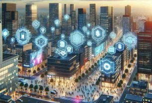 A high-definition, realistic image of the cityscape of Mannheim, Germany, visually representing it as a leading hub for the revolutionary retail blockchain technology. Show modern buildings with various technological and blockchain-related symbols and themes incorporated into their design. Include digital screens displaying cryptocurrency logos and blockchain data streams. The streets are buzzing with diverse people engrossed in their devices, representing a wide array of races, from Black to Caucasian, to Asian and Hispanic, men and women alike. The city is vibrant, its skyline illuminated with neon lights representing the digital future.