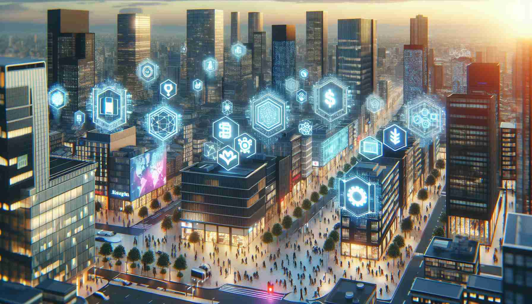 A high-definition, realistic image of the cityscape of Mannheim, Germany, visually representing it as a leading hub for the revolutionary retail blockchain technology. Show modern buildings with various technological and blockchain-related symbols and themes incorporated into their design. Include digital screens displaying cryptocurrency logos and blockchain data streams. The streets are buzzing with diverse people engrossed in their devices, representing a wide array of races, from Black to Caucasian, to Asian and Hispanic, men and women alike. The city is vibrant, its skyline illuminated with neon lights representing the digital future.