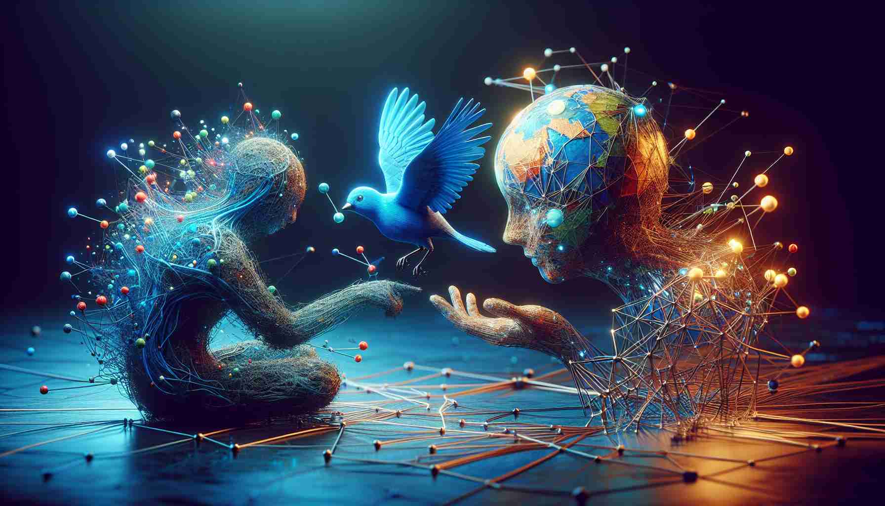 A high-definition, realistic image showcasing an abstract interaction between two entities symbolizing the FIO Protocol and the Bluebird App. The entities are intricately designed, with the former represented by an intricate network of different colored nodes and connections, symbolizing blockchain technology, and the latter depicted as a vibrant blue bird, symbolizing usability and ease. The scene evokes a sense of collaboration and advancement in the field of technology.