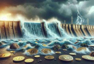 Generate a high-definition realistic image representing an outflow surge in the crypto asset market amid an environment of heavy uncertainty. The scene should visualize a powerful tide or current symbolizing cryptocurrency coins being swept away or spilled from a large container or dam. Effects such as unstable or stormy weather could indicate the underlying market uncertainty. Please refrain from including real-world logos or brands.