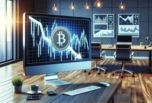 A photorealistic image representing the concept of on-chain activity dip indicating waning Bitcoin market engagement. Depict a graphical representation of Bitcoin's blockchain on a computer screen with falling lines indicating decreasing activity. Populate the room with business related items such as financial charts, laptop, office desk, modern office chairs and a cup of coffee. Make it in high definition quality.