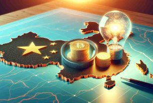 A high-definition, realistic image of a symbolic representation for China contemplating bringing back cryptocurrency for economic and technological gains. This can be depicted as a large map of China in the background, with a symbolic light bulb indicating innovation and a stack of coins to signify the economic aspect. These elements can be on a desk with a magnifying glass hovering over them suggesting contemplation and study.