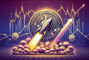 Generate a detailed, high-definition illustration showcasing the rise or surge of a generic, stylized cryptocurrency, represented as though it is anticipating a hard fork upgrade. This could be conveyed through visual metaphors, such as a rocket preparing for launch or a wave building momentum. Additional elements can include a representative hard fork image, hovering near or above the coin, and a background filled with lines or graphs heading upwards, indicating a positive market trend.