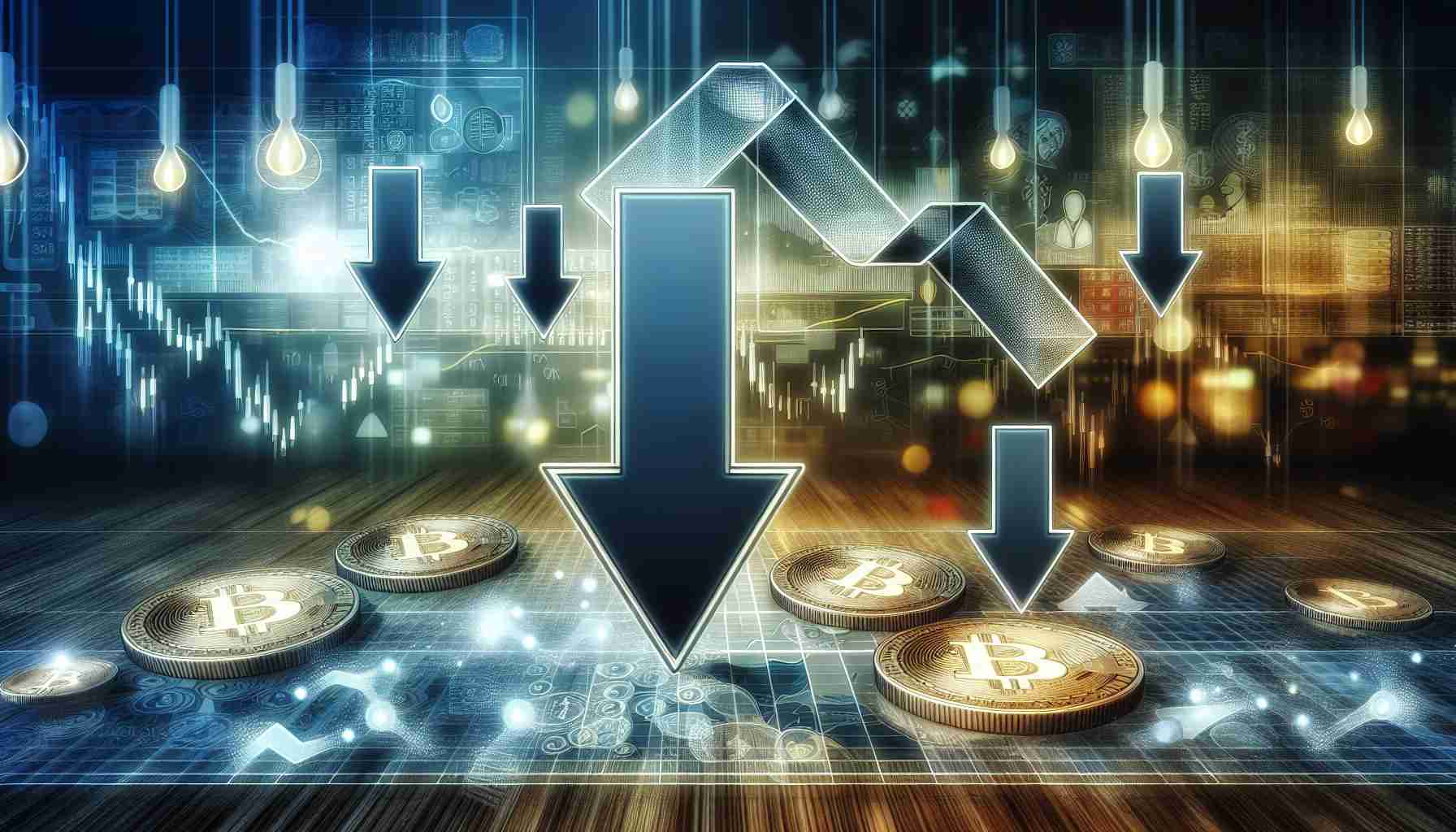 Illustrate a high-definition, realistic image showing the concept of the dilution of Altcoin value. The image could contain various symbols or representations of Altcoins, a downward-facing arrow signifying the dilution or decrease in value. The background could be a stylized financial market or stock exchange with digital figures and graphs subtly shimmering. The environment should be evocative of a complex financial ecosystem in the digital world. Please do not include any human figures or identifiable individuals in the image.