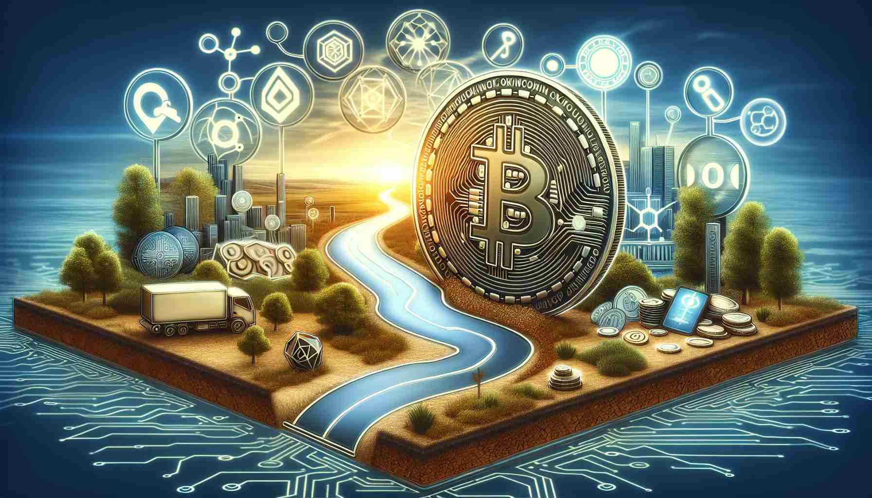 Generate an HD image in a realistic style that depicts a symbolic representation of OkayCoin, a cryptocurrency platform, embarking on a journey related to institutional crypto staking. The scene could include a stylized coin with the OkayCoin logo etched on it, set amidst an array of crypto technology symbols and perhaps a road or a path leading towards a city representing an institutional environment. Additionally, hints of blockchain technology could also be incorporated in the design.