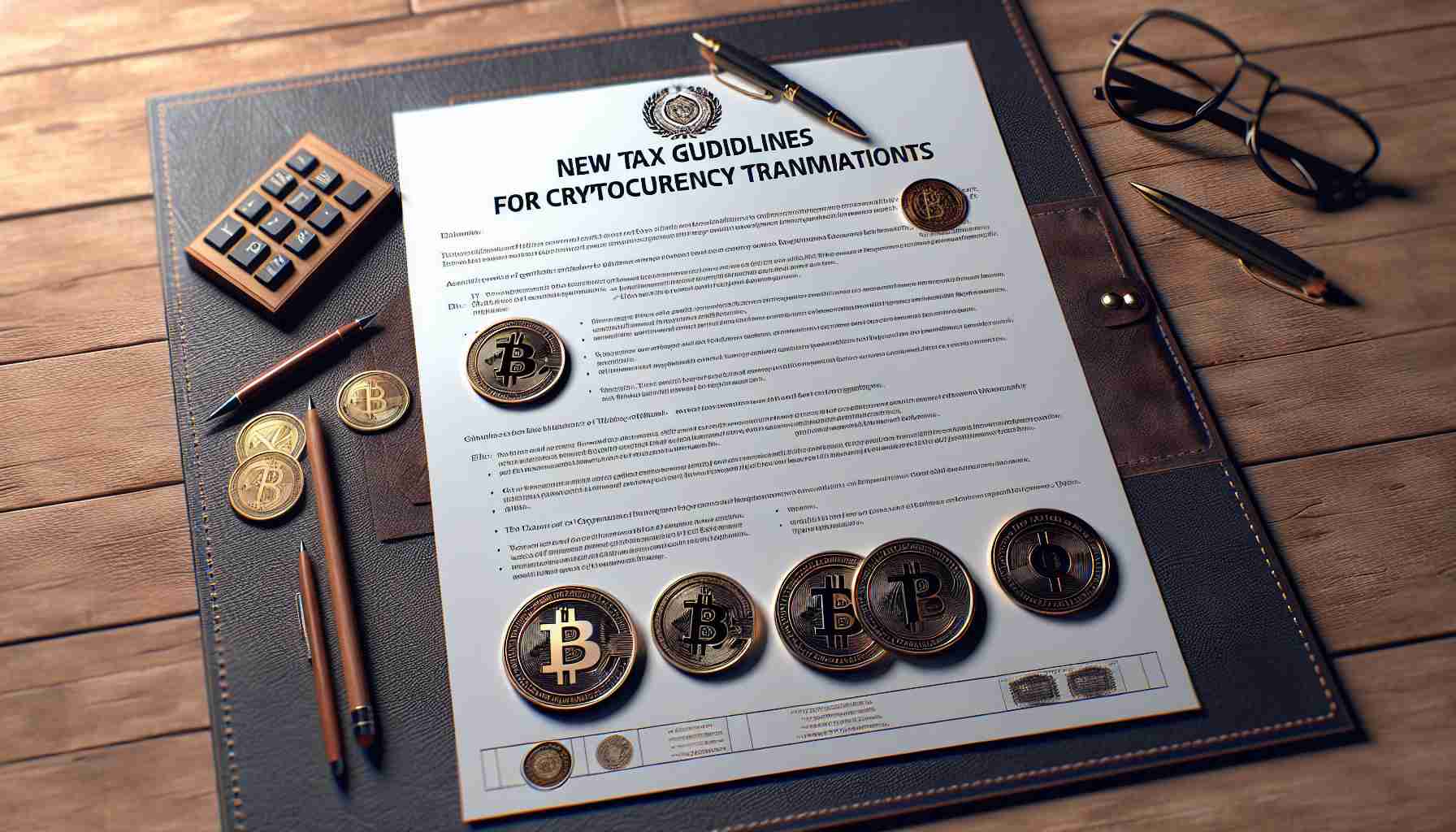 Generate a high-definition, realistic image of a document titled 'New Tax Guidelines for Cryptocurrency Transactions' established by a government tax authority. The document should be well-organized, featuring bullet points, sections, and subheadings to provide information on various aspects of these guidelines. The document should also include official-looking stamps and seals to signify its authority. Please add a leather desk pad under the document and a pair of reading glasses on top for effect.