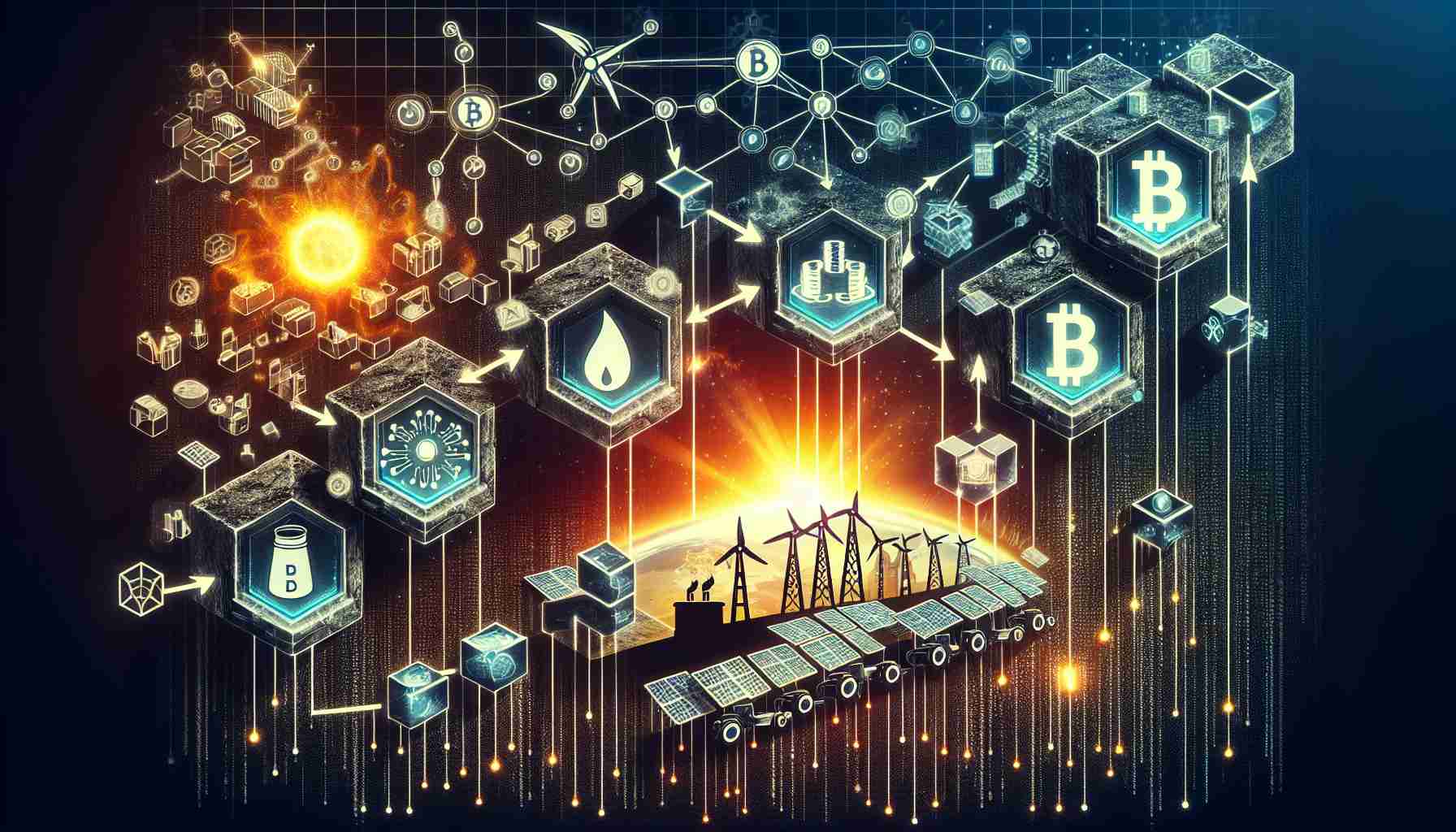 Detailed, high-definition image of the blockchain revolution impacting the energy sector. Show a conceptual hierarchy with classic energy symbols like oil barrels, wind turbines, and solar panels at the bottom and blockchain symbols like interconnected blocks and data codes at the top. In the middle, portray a transformation scene where these energy symbols evolve, blend with digital elements and ascend towards the blockchain layer symbolising the emergence of blockchain technology in the energy field.