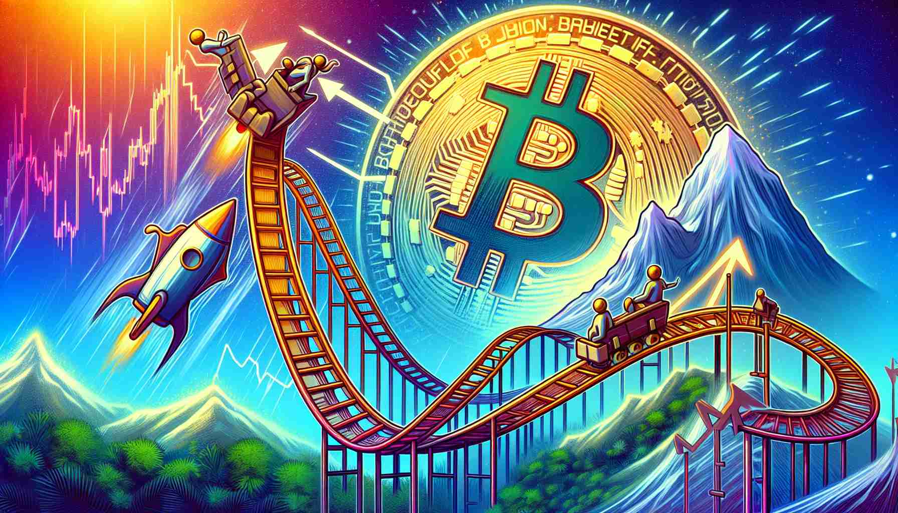 Generate a high definition depiction showcasing the concept of Bitcoin's seasonal shift. The image should illustrate Bitcoin's transition from a downtrend in June to a potential rally in July. For the first half, include a visual metaphor of the Bitcoin symbol on a downward path, perhaps descending a mountain or a rollercoaster going downwards. For the second half, show the Bitcoin symbol ascending and gaining momentum, like a rocket ship taking off or a climber reaching the peak. Use elements of seasonality in the image - depict the atmosphere of June turning into July.