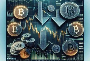 Generate a realistic high-definition image of various types of cryptocurrency assets in a downturn. The image can feature symbolic representations such as coins with down arrows or graphs showing declining values, implying a decrease in market capitalization.