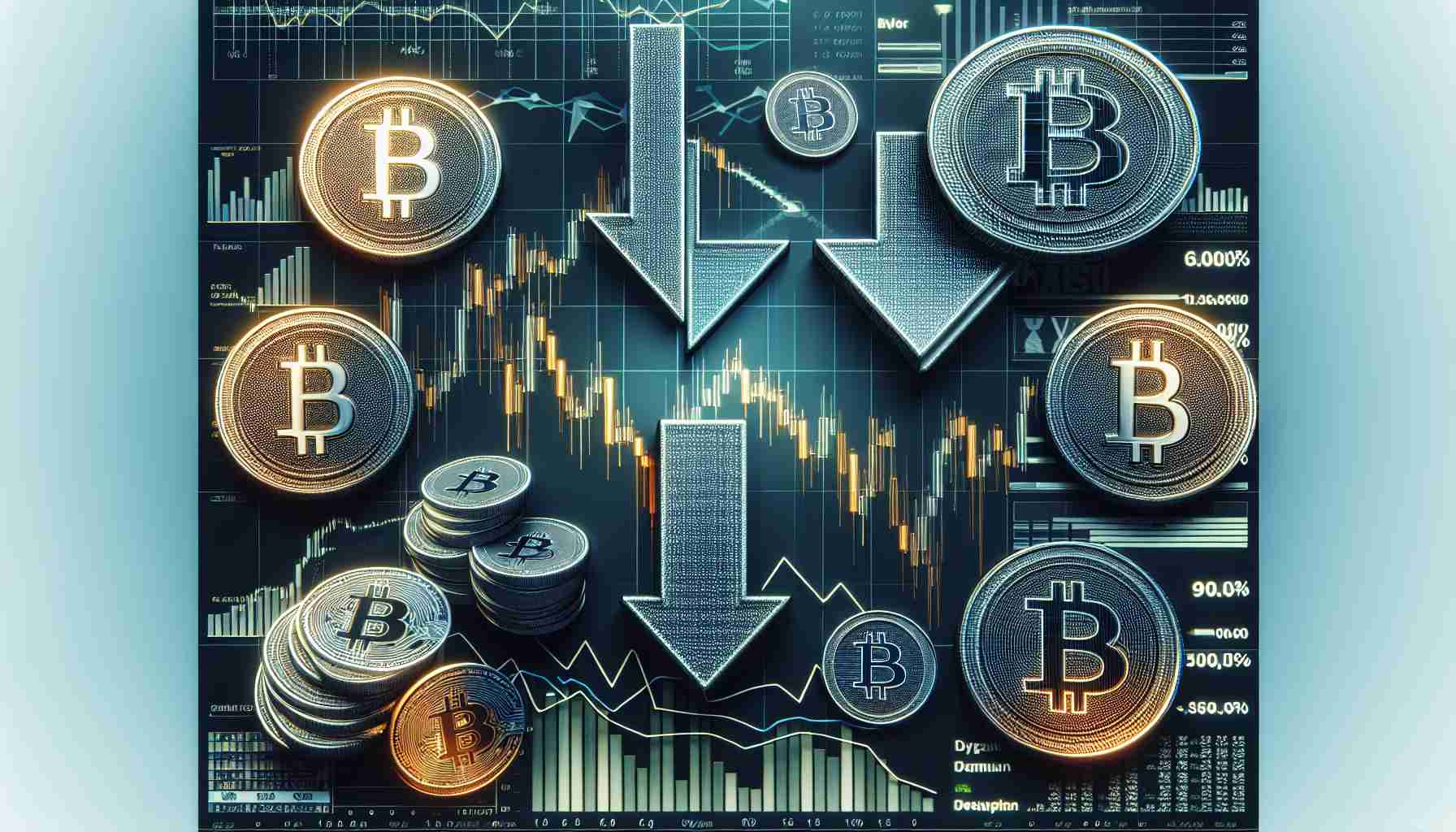 Generate a realistic high-definition image of various types of cryptocurrency assets in a downturn. The image can feature symbolic representations such as coins with down arrows or graphs showing declining values, implying a decrease in market capitalization.