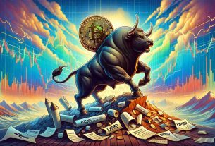 Create a high detail image that metaphorically represents Bitcoin attempting to maintain its value of $60,000. Illustrate this concept in the style of a traditional bull market scene, with a symbolic strong, charging bull carrying a Bitcoin symbol on its back, standing bravely against a backdrop of financial charts showing turbulence. Also, denote visually some contracts or documents marked as 'expired' littered on the ground, indicating the expired options worth billions. Use a color palette that has stark contrasts and hints at the complexity and volatility of the cryptocurrency market.