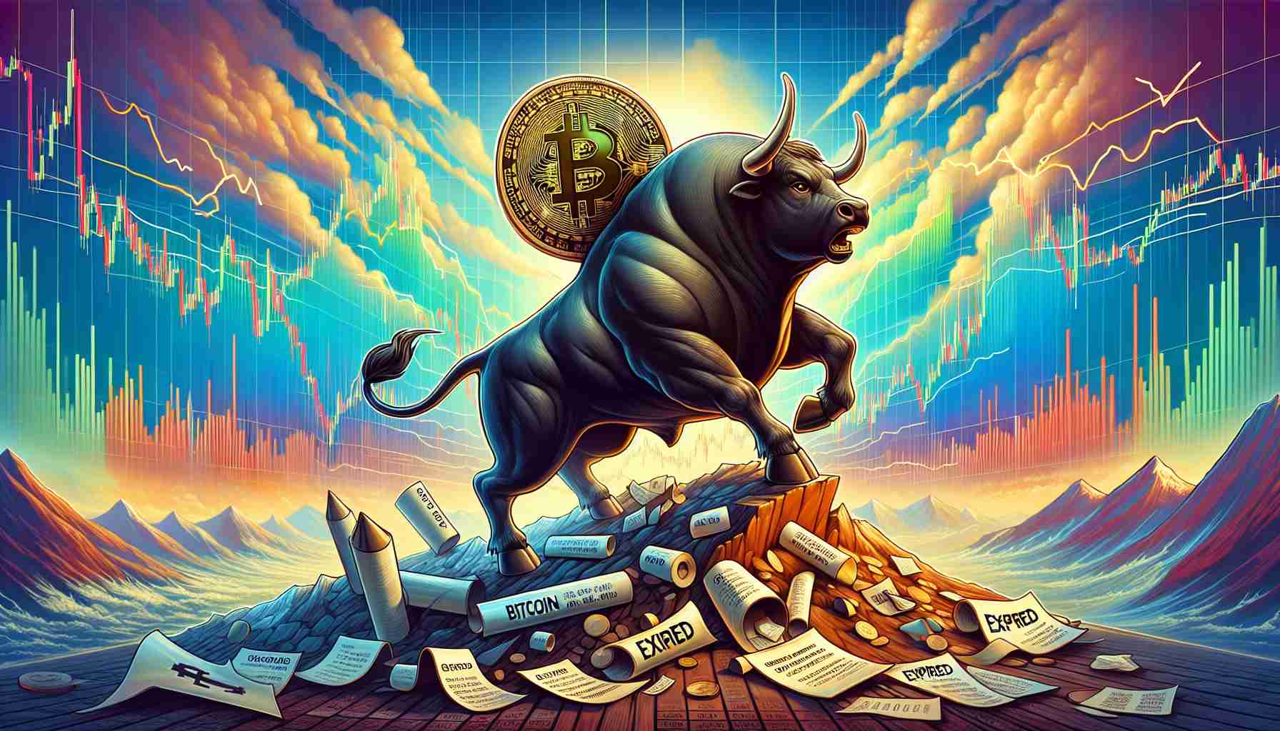 Create a high detail image that metaphorically represents Bitcoin attempting to maintain its value of $60,000. Illustrate this concept in the style of a traditional bull market scene, with a symbolic strong, charging bull carrying a Bitcoin symbol on its back, standing bravely against a backdrop of financial charts showing turbulence. Also, denote visually some contracts or documents marked as 'expired' littered on the ground, indicating the expired options worth billions. Use a color palette that has stark contrasts and hints at the complexity and volatility of the cryptocurrency market.