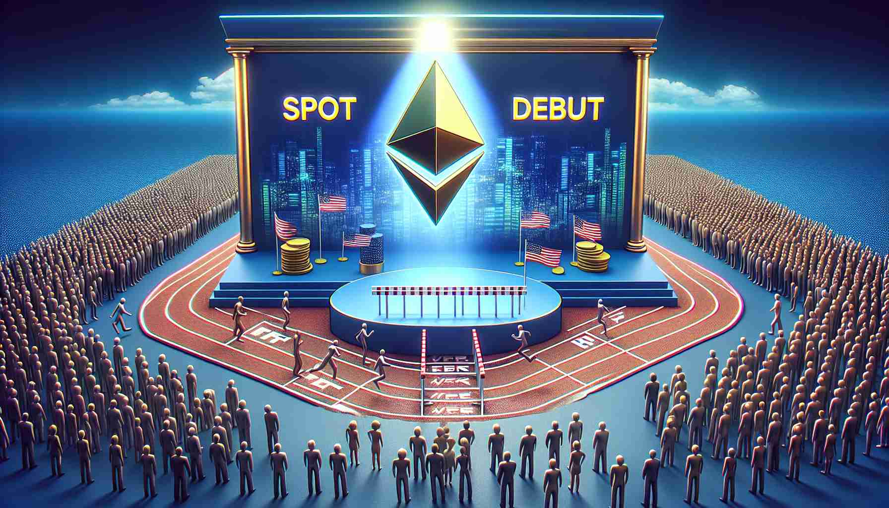 A high-definition realistic image showing a debut of Spot Ethereum ETF but facing some regulatory hurdles. Illustrate this using visual metaphors such as a race track with hurdles indicating the regulatory challenges. Depict a symbolic Ethereum logo on a platform representing its debut. The ETF debut itself could be symbolized by a large audience of people of various genders and descents, including Hispanic, Caucasian, Black, Middle-Eastern, South Asian, to signify the global significance of this event.