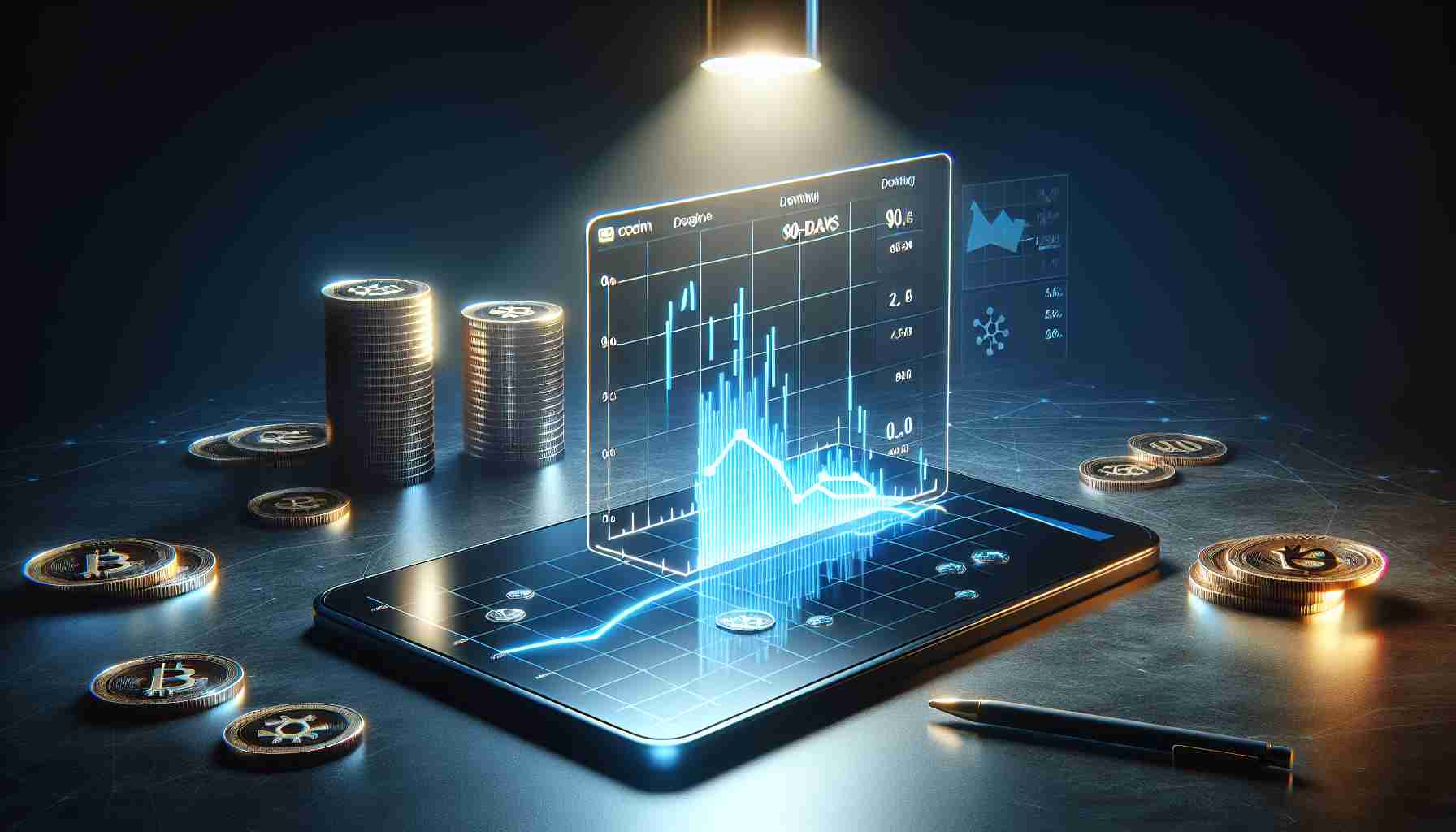 A realistic HD image illustrating the concept of 'Downturn in Network Usage'. The scene could depict a line graph with a sharp decline, representing a 90-Day low. Pertaining to technology, the graph can sit on a flat interface projected from a futuristic looking tablet. The glow from the screen reflecting subtly on the environment around. Next to it, a stack of coins with a logo resembling the Cardano logo, but with notable differences to avoid association with real-world brands. The backdrop is dark for a dramatic effect under a spot light.