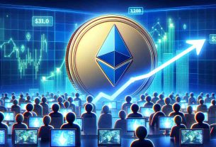 Generate a high-definition, realistic image that symbolizes the rising interest and engagement in Ethereum staking. Please display a glossy Ethereum coin situated on a graph representing an upward trajectory. The background should show an array of online users with glowing screens, indicating active participation.