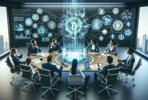 Create a realistic, high-definition image capturing the essence of Corporate America embracing Blockchain technology and Cryptocurrency innovation. It consists of a modern corporate boardroom where a diverse group of business professionals - a Caucasian woman, a Black man, a Hispanic man, and a South Asian woman, are engaged in a discussion. In the center of the table, there's a holographic projection of a blockchain network and various cryptocurrencies like Bitcoin, Ethereum, and Ripple. Leaning on the boardroom walls reveal infographics related to blockchain, while the screens display cryptocurrency market trends.