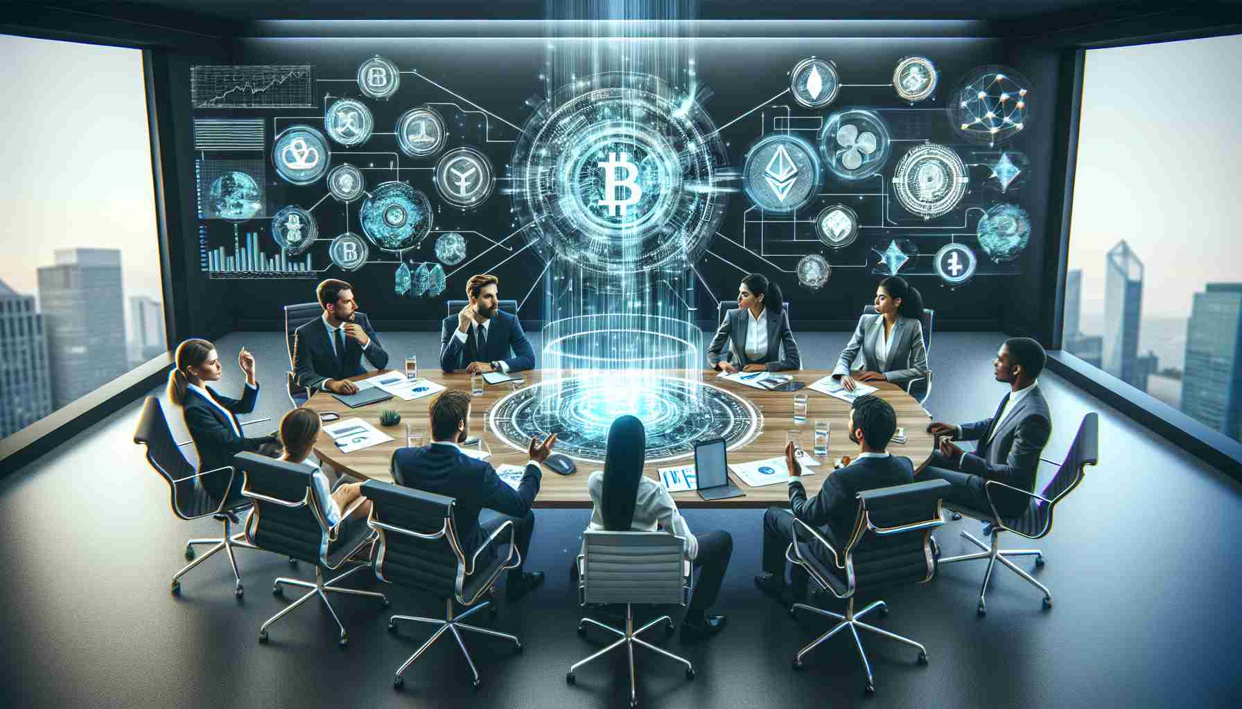 Create a realistic, high-definition image capturing the essence of Corporate America embracing Blockchain technology and Cryptocurrency innovation. It consists of a modern corporate boardroom where a diverse group of business professionals - a Caucasian woman, a Black man, a Hispanic man, and a South Asian woman, are engaged in a discussion. In the center of the table, there's a holographic projection of a blockchain network and various cryptocurrencies like Bitcoin, Ethereum, and Ripple. Leaning on the boardroom walls reveal infographics related to blockchain, while the screens display cryptocurrency market trends.