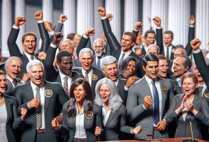 Realistic HD image showcasing a group of people symbolizing state authorities from Utah, expressing their happiness over a high court decision to curtail regulatory power. The scene includes male and female officials of various descents including Caucasian, Hispanic, Black, Middle-Eastern, and South Asian, all displaying signs of triumph and elation.