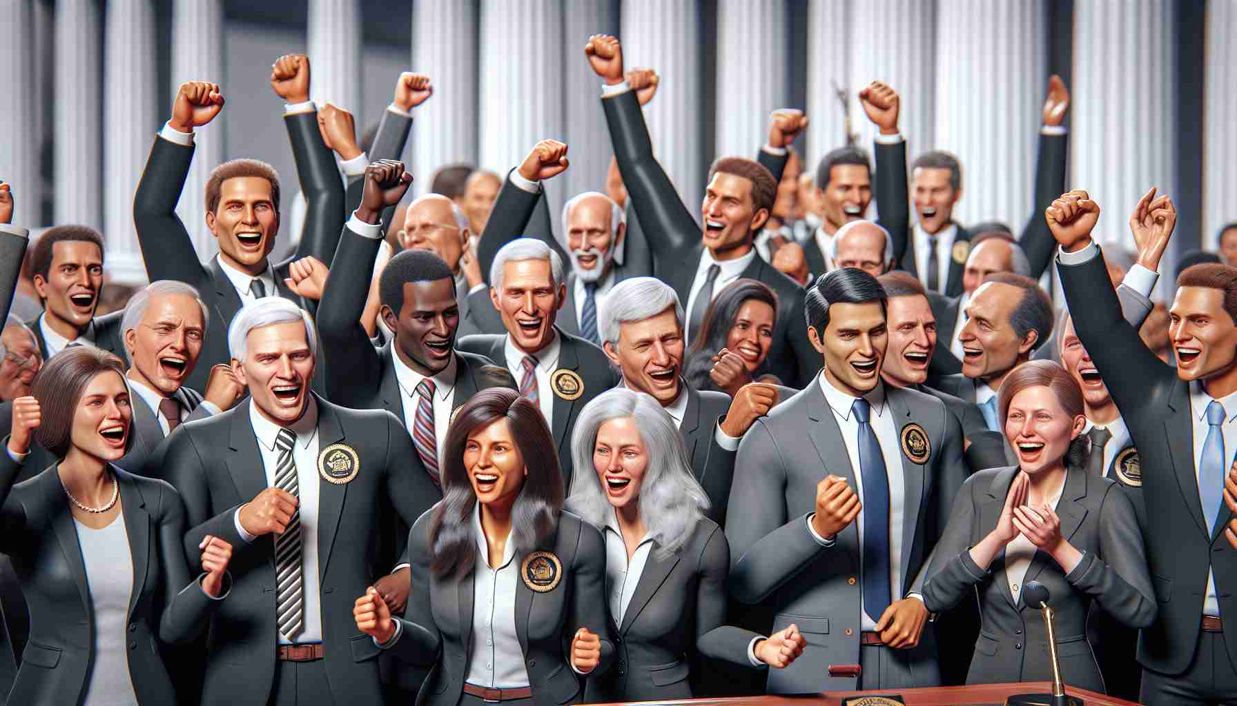 Realistic HD image showcasing a group of people symbolizing state authorities from Utah, expressing their happiness over a high court decision to curtail regulatory power. The scene includes male and female officials of various descents including Caucasian, Hispanic, Black, Middle-Eastern, and South Asian, all displaying signs of triumph and elation.