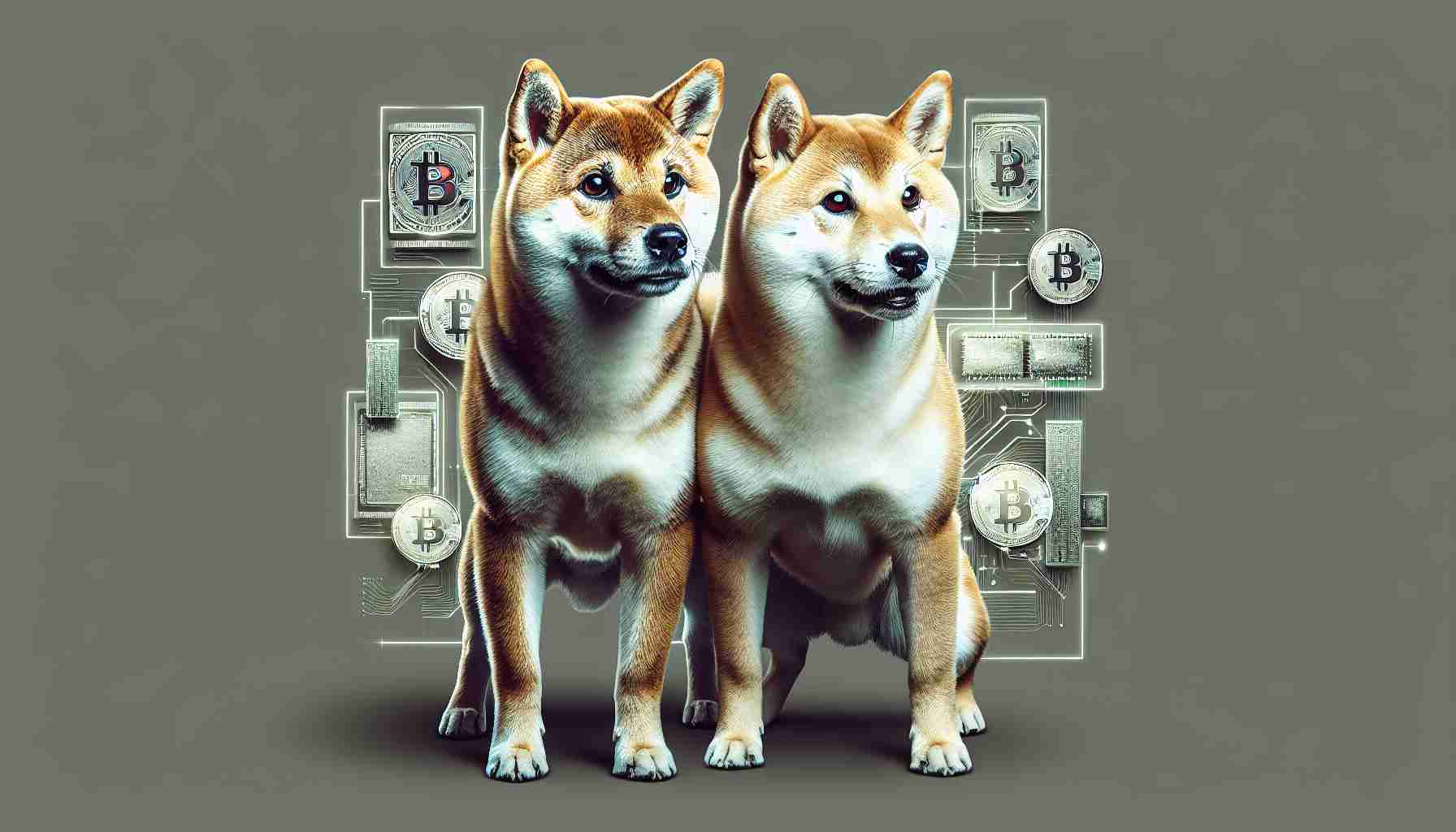 A high-definition, realistic photo of two Shiba Inu dogs named Lucie and Ledger. The dogs appear to be alert and vigilant, as though they are cautioning or warning about something. The image has an undertone of cybernetics or allegorical representation of digital dangers. No explicit indication or reference to cryptocurrencies or scams included.