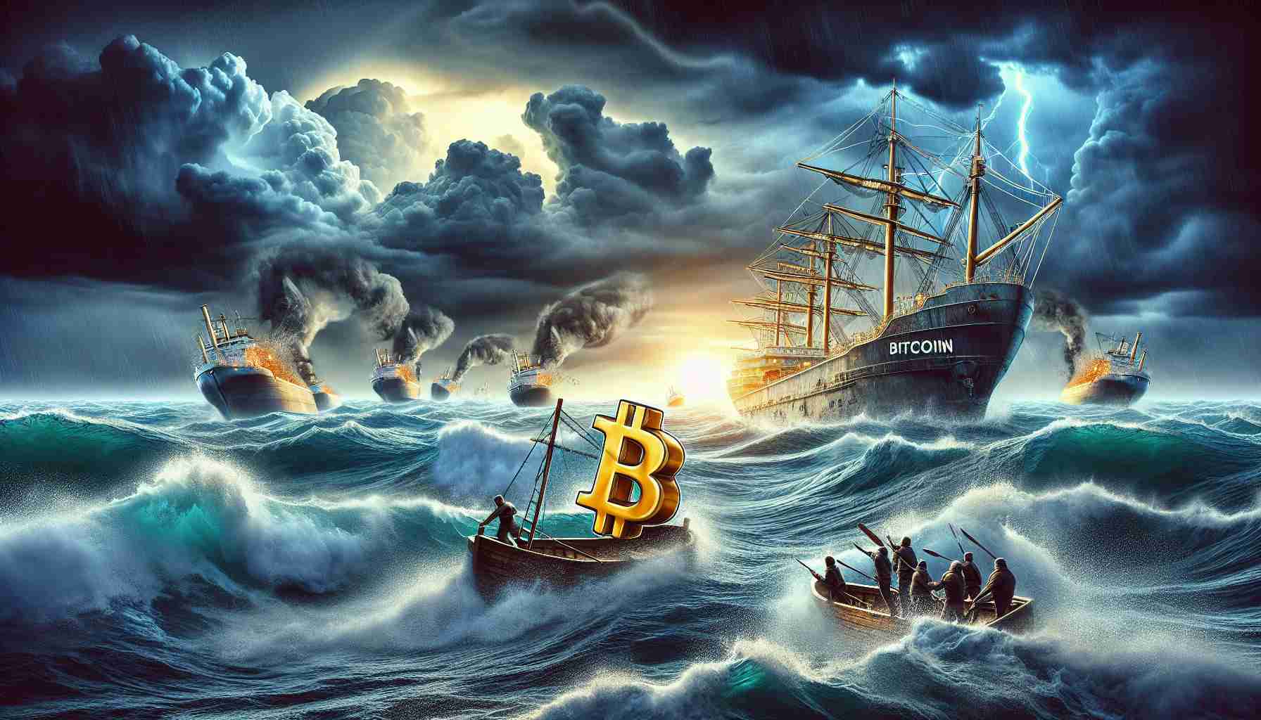 Generate an image depicting a metaphorical representation of the concept of Bitcoin's struggle for stability amidst miner consolidation. The setting could be a fierce ocean storm, where a ship named Bitcoin is trying to navigate through treacherous waters-analogous to the instability of cryptocurrency. In the distance is a group of larger, ominous looking ships, representing miner consolidation, which are closing in on Bitcoin. The image should have high definition and attention to details.