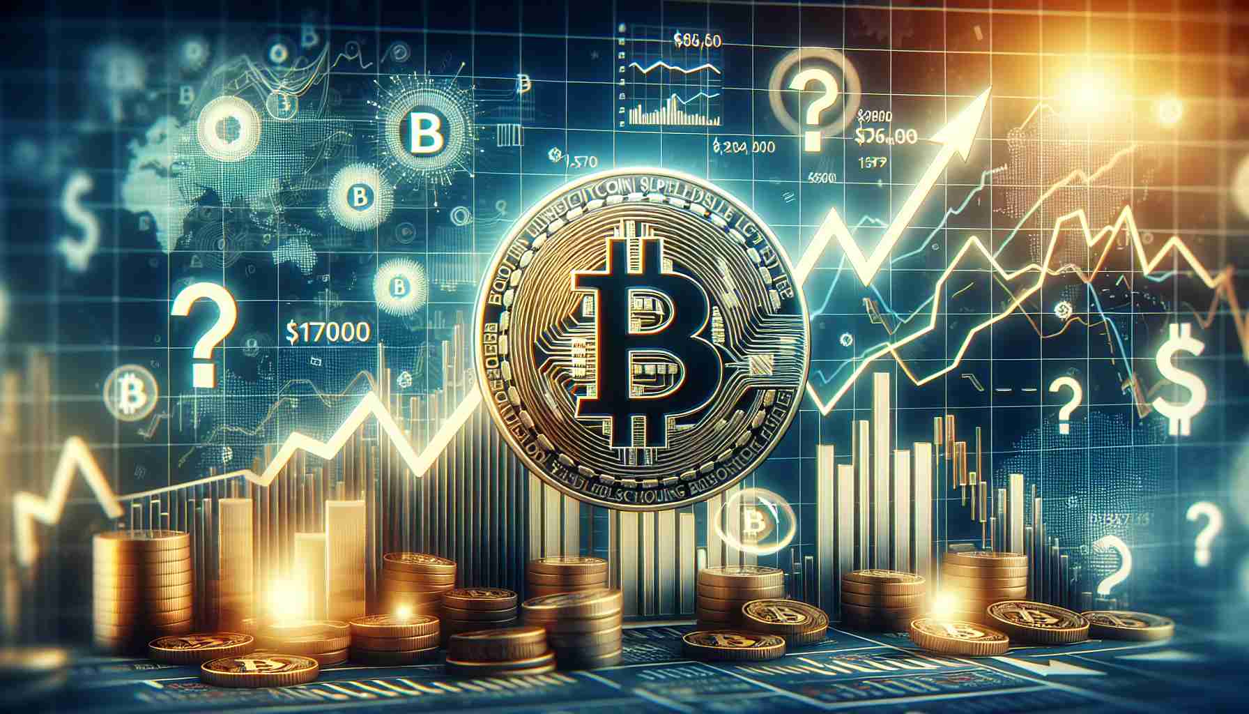 Create a realistic, high-definition image illustrating the topic of Bitcoin showing resilience below the $70K threshold during a period of significant market speculation. This could perhaps be represented by a graph showing the bearish and bullish trends of Bitcoin prices, with emphasis on dips below $70K, while in the background, symbolic elements of market speculation like stock market tickers, swirling papers or question mark icons could be depicted.